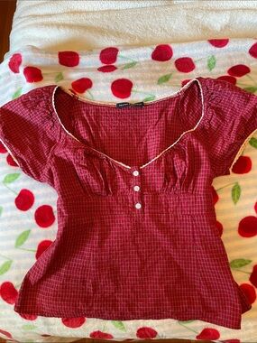 Brandy Melville Red Plaid Babydoll Top with Button Front